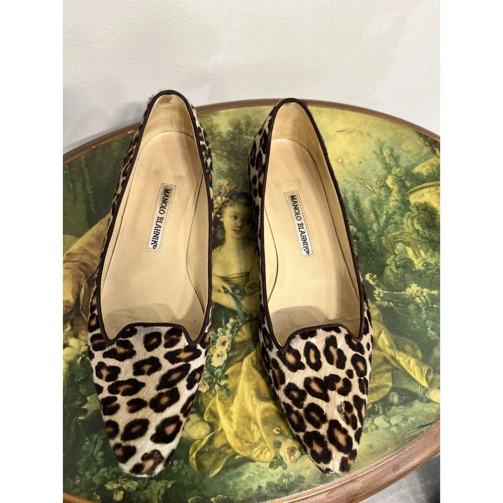 Manolo Blahnik Leopard Print Calf Hair Pointed Toe Slip On Ballet Flats EU 37